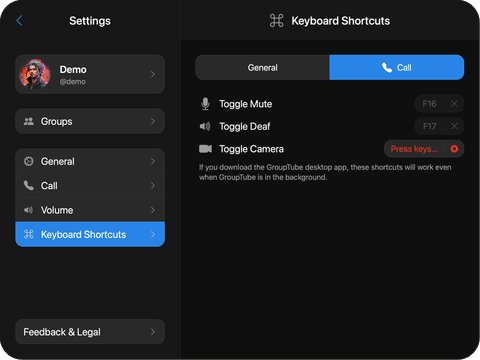 New Settings Menu with Call Hotkeys