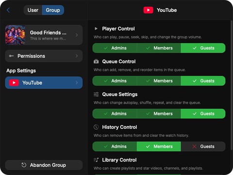 YouTube Player Permissions Menu